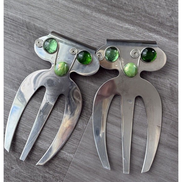 Stainless Steel Salad Servers Claws Green Holiday Embellished - Picture 5 of 5